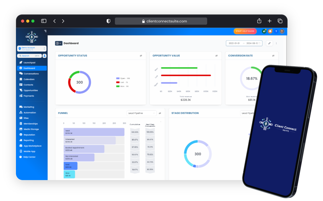Client Connect Suite dashboard on desktop and the mobile app, showing opportunity status, pipeline value and conversion rate
