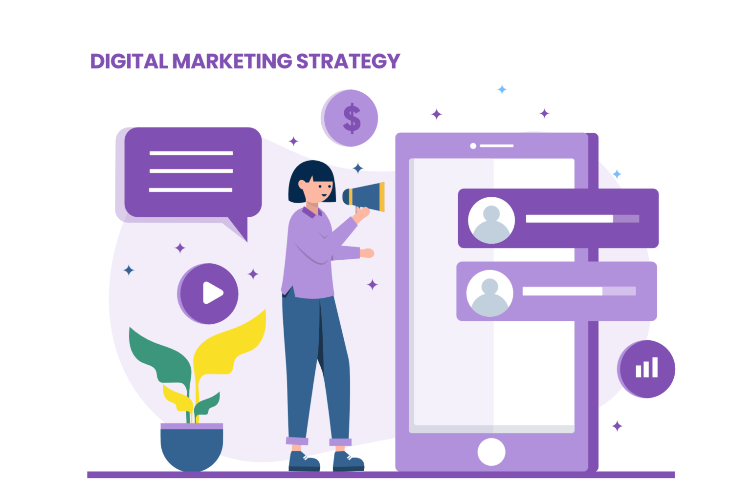 A woman is holding a phone with the words digital marketing strategy.