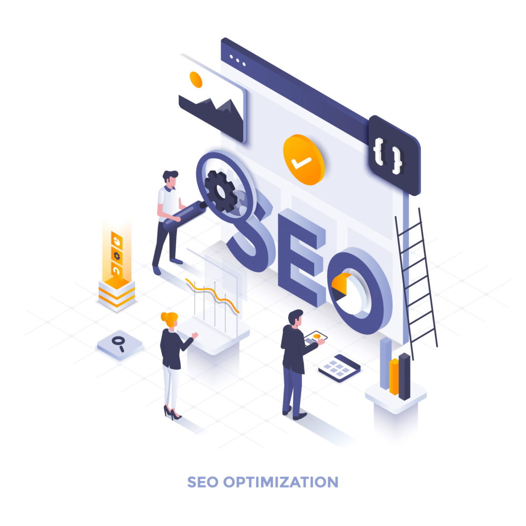 An isometric image of people working on seo optimization.