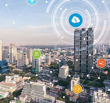 The city of bangkok is surrounded by a network of connected icons.