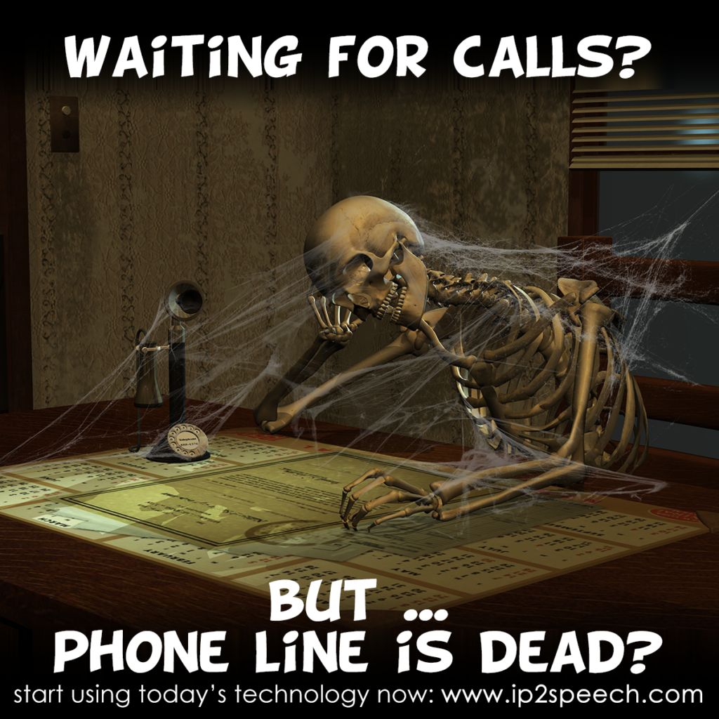 A skeleton is waiting for a call but the phone line is dead.
