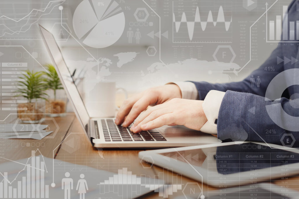 Smargasy Digital marketing. Interactive screen with business processes over businessman typing on laptop