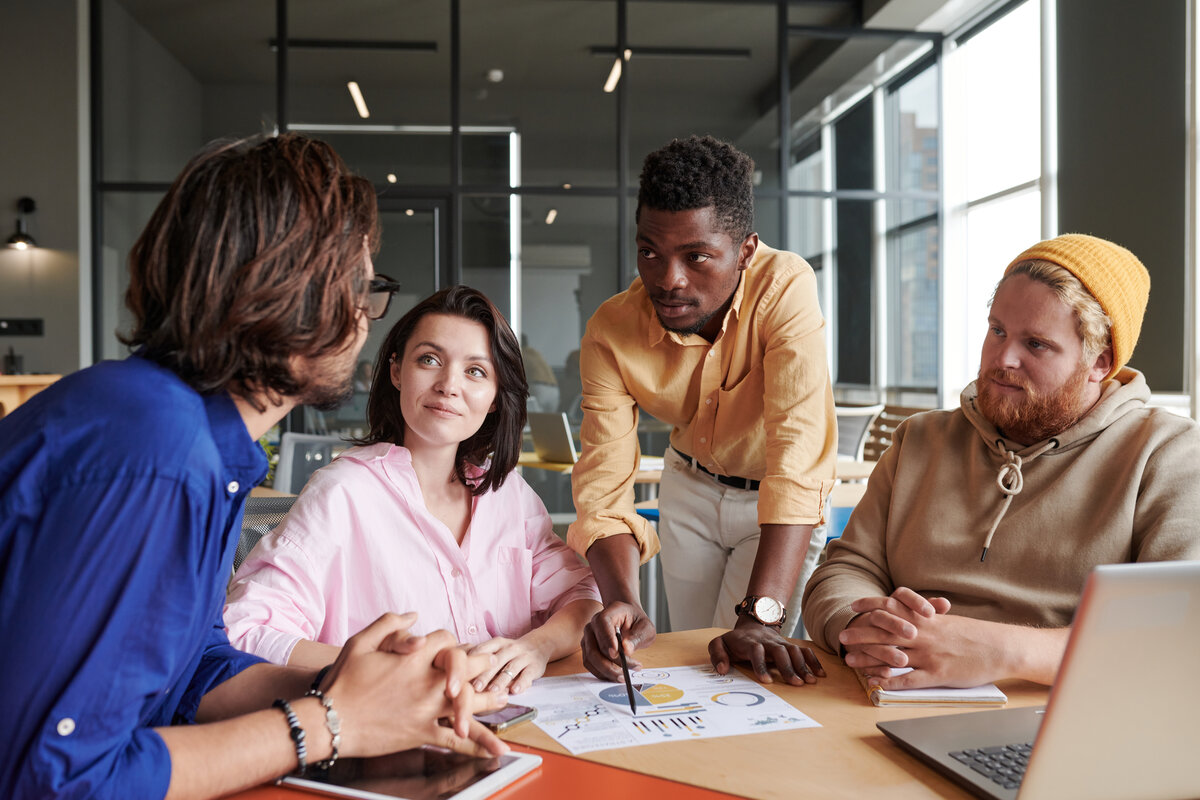 Analytics tools for digital marketing at meeting in office