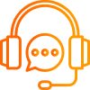 An orange icon with a headset and a speech bubble.