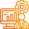 An orange icon with a man in front of a computer.