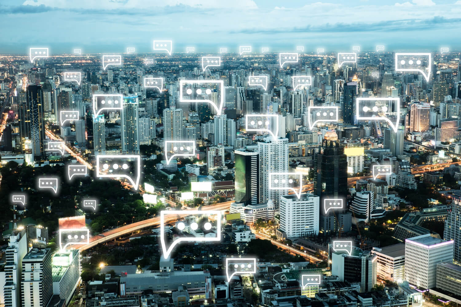 The city of bangkok is covered in social media icons.