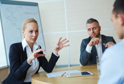 A group of business people in a meeting.