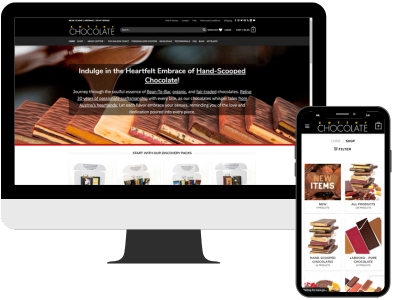 The chocolate store website on a mobile phone and computer.