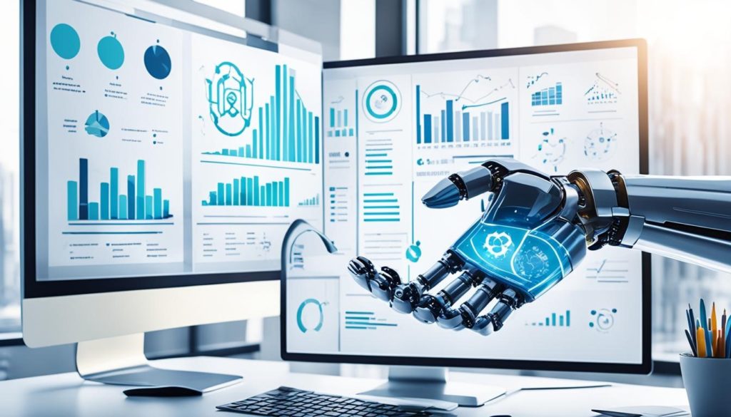 A robotic hand pointing at graphs and charts displayed on computer screens, illustrating data analysis and technology integration in a modern workspace.