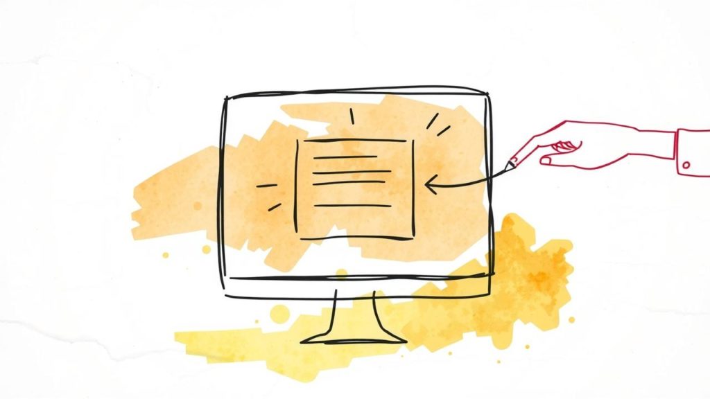 A hand points at a computer monitor displaying a sketch of a document. The background has abstract orange and yellow brush strokes.