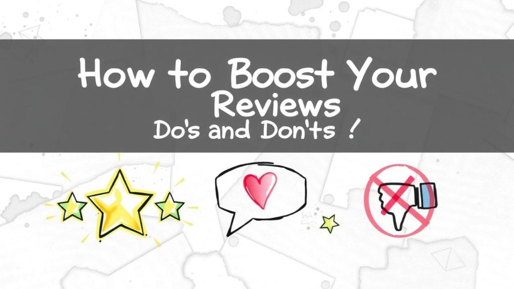 Graphic with text "How to Boost Your Reviews: Do's and Don'ts!" featuring a star, heart in a speech bubble, and a crossed-out thumbs down icon.