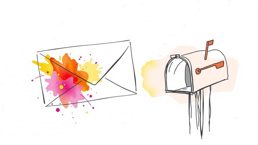 Illustration of a colorful envelope with splashes beside an open mailbox on a post.
