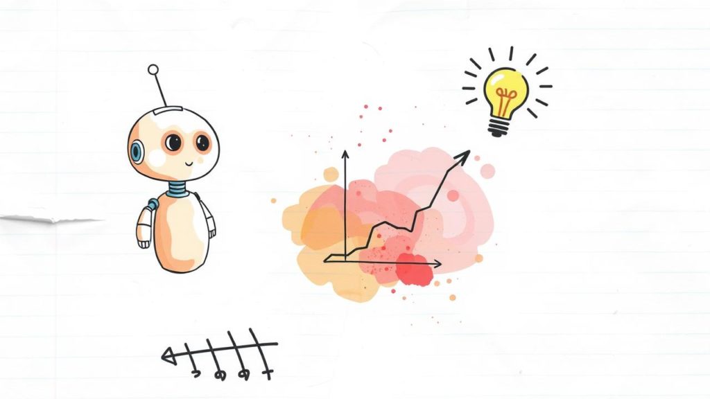 A cartoon robot stands next to upward-trending graphs and a glowing lightbulb, symbolizing ideas and progress on a white background.
