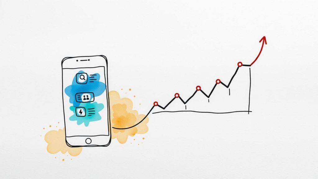 Illustration of a smartphone with app icons connected to a rising line graph, indicating growth or increasing user engagement.
