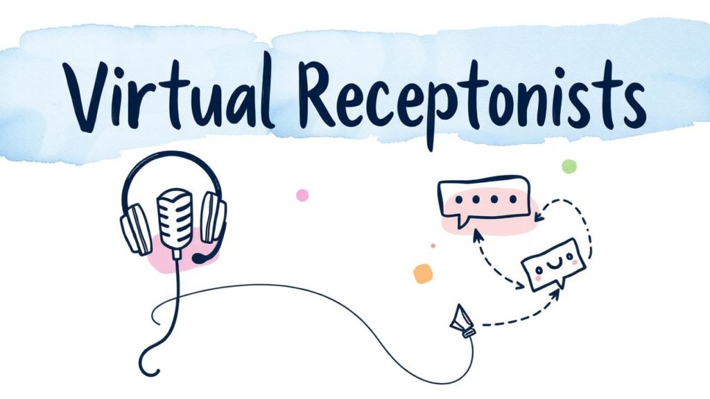 Illustration with the words "Virtual Receptionists," a drawing of a headset, and speech bubbles connected by a dotted line on a white and blue background.
