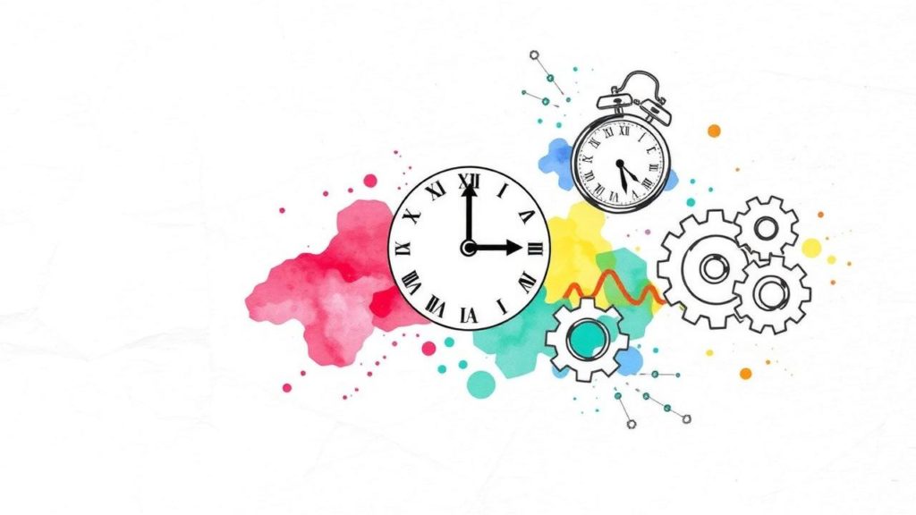 A large clock with Roman numerals, a pocket watch, gears, and colorful watercolor splashes with abstract lines in the background.