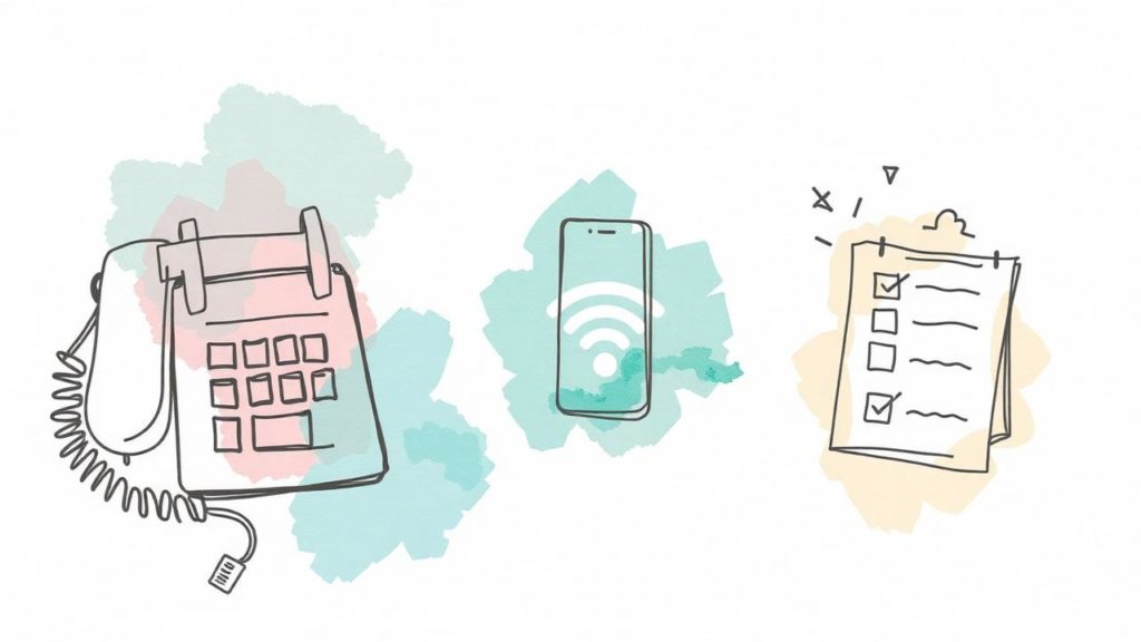Illustration of a landline phone, a smartphone with a Wi-Fi symbol, and a checklist on a clipboard, each against pastel colored backgrounds.