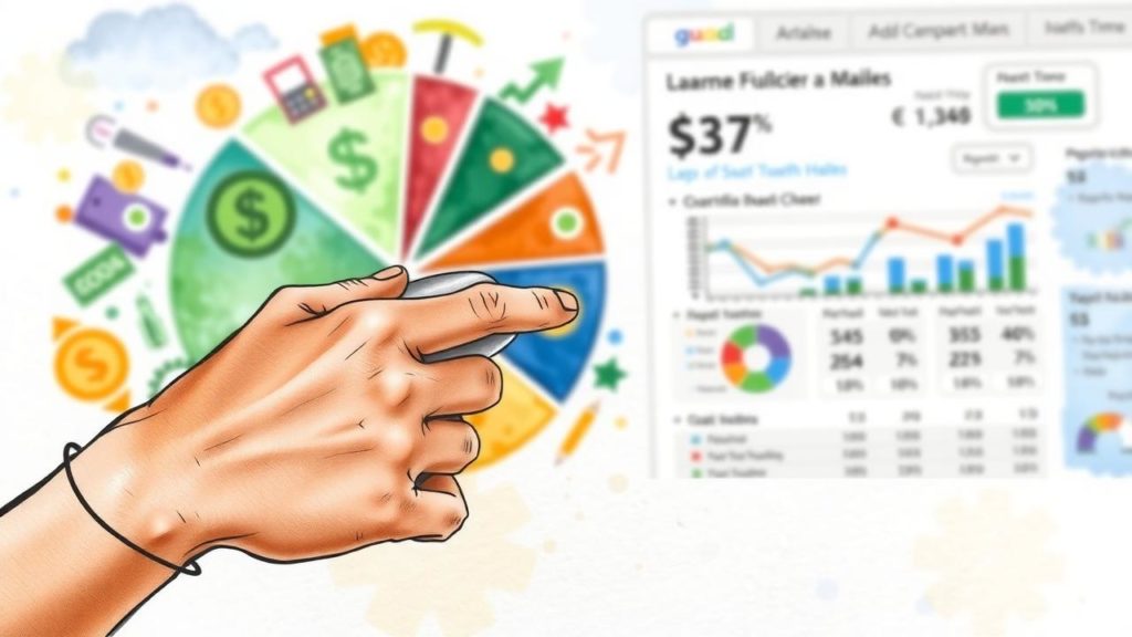 A hand points toward financial charts and graphs, including a colorful pie chart and a website showing earnings, data tables, and statistics.