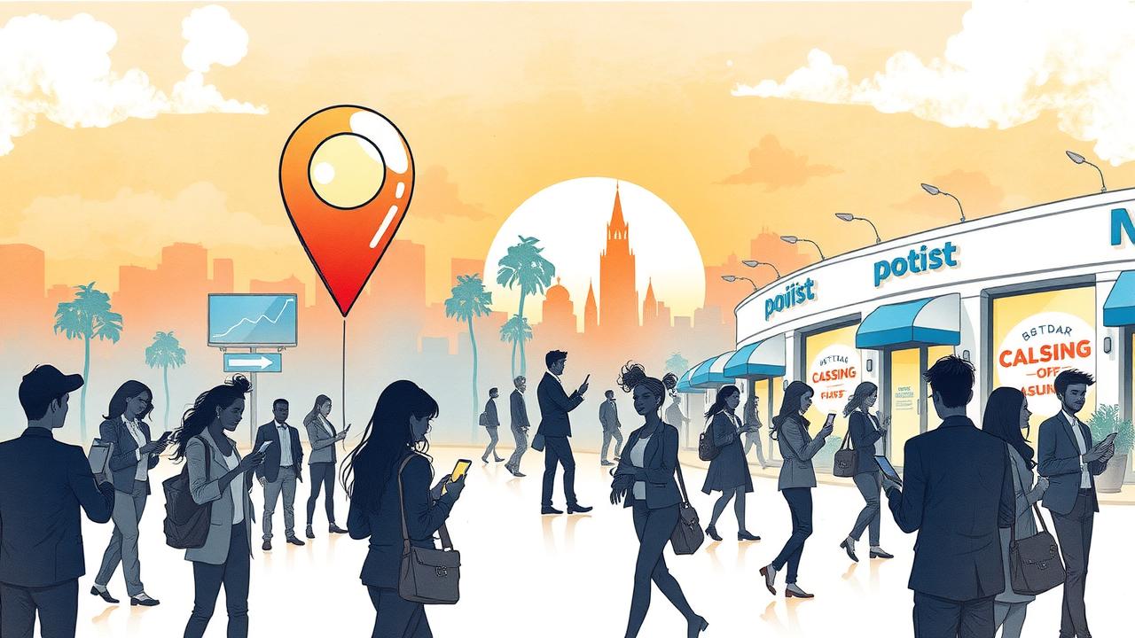 People walk through a cityscape with palm trees, digital charts, and a large map pin icon, as storefronts labeled &quot;potist&quot; line the street at sunset.