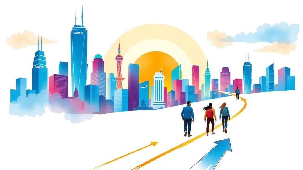 Four people walk along upward-pointing arrows toward a colorful skyline of modern city buildings with a large sun and clouds in the background.