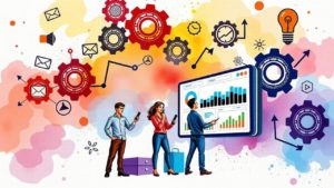 Three people using digital devices stand in front of a large data dashboard, surrounded by colorful gears and icons representing communication and technology.