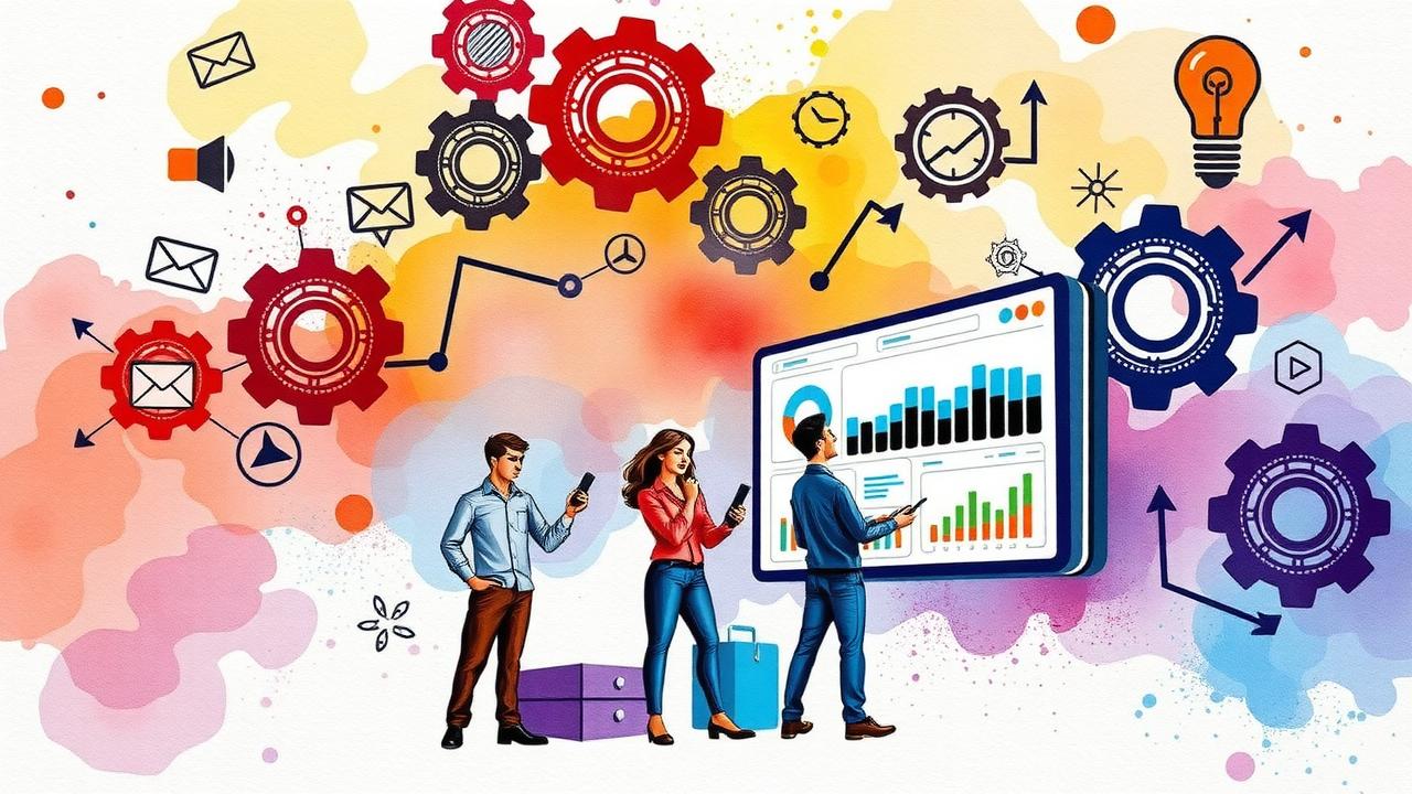 Three people using digital devices stand in front of a large data dashboard, surrounded by colorful gears and icons representing communication and technology.