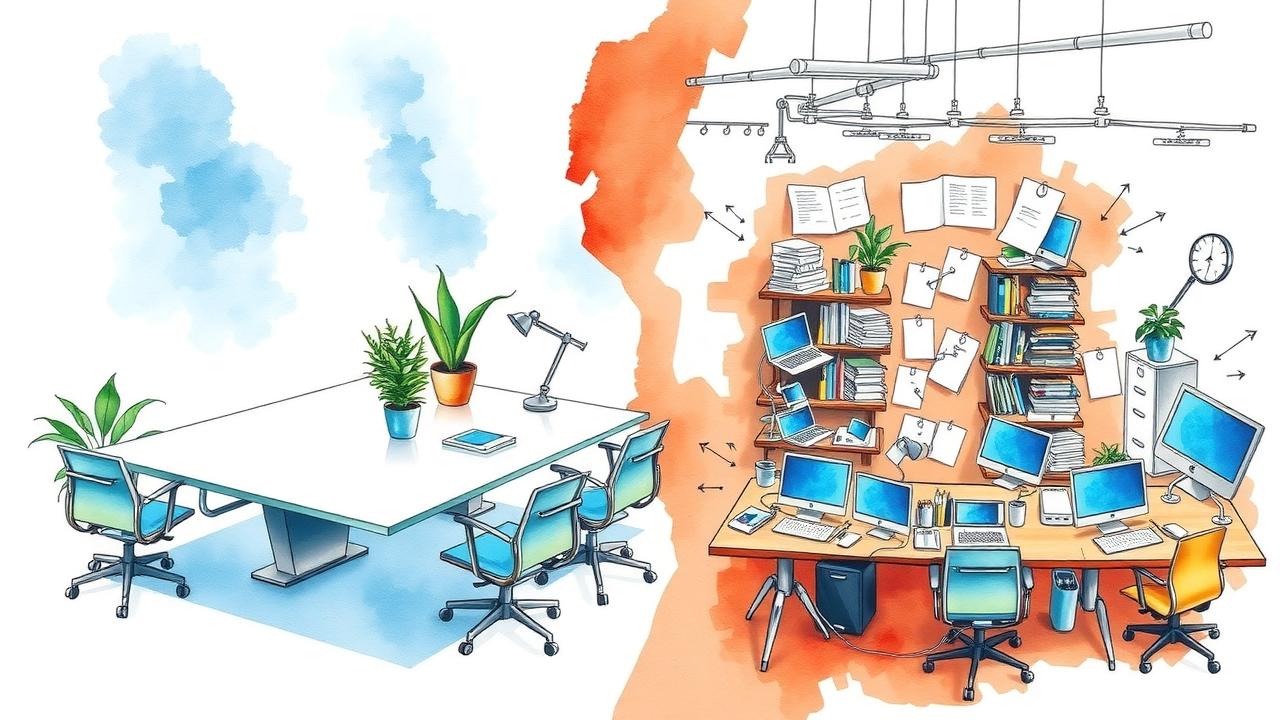 Illustration showing a tidy, minimalist office space on the left and a cluttered, crowded office desk with many papers and computers on the right.