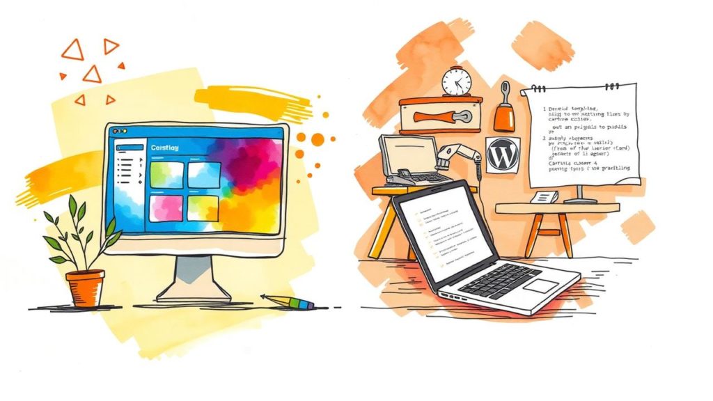 Illustration of a desktop computer and a workspace with a laptop, notepad, and various office supplies, highlighting a digital and creative work environment.