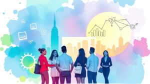 A group of six people stand and talk in front of a colorful cityscape backdrop with business icons and charts, symbolizing networking and business discussions.