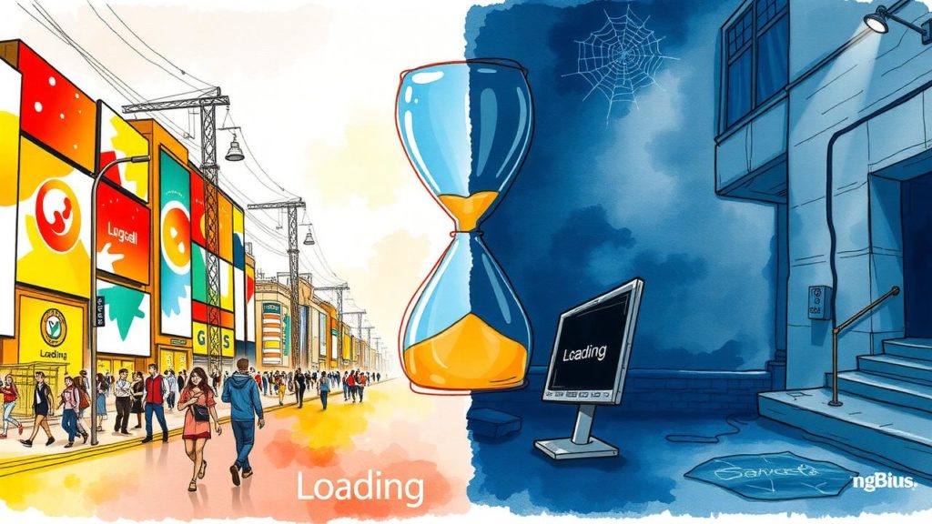 Split image shows a vibrant, busy street filled with people and colorful shops on the left, and a dark, empty alley with an old computer on the right. An hourglass and “Loading” appear in the center.