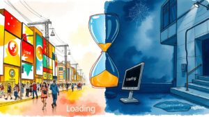 Split image shows a vibrant, busy street filled with people and colorful shops on the left, and a dark, empty alley with an old computer on the right. An hourglass and “Loading” appear in the center.