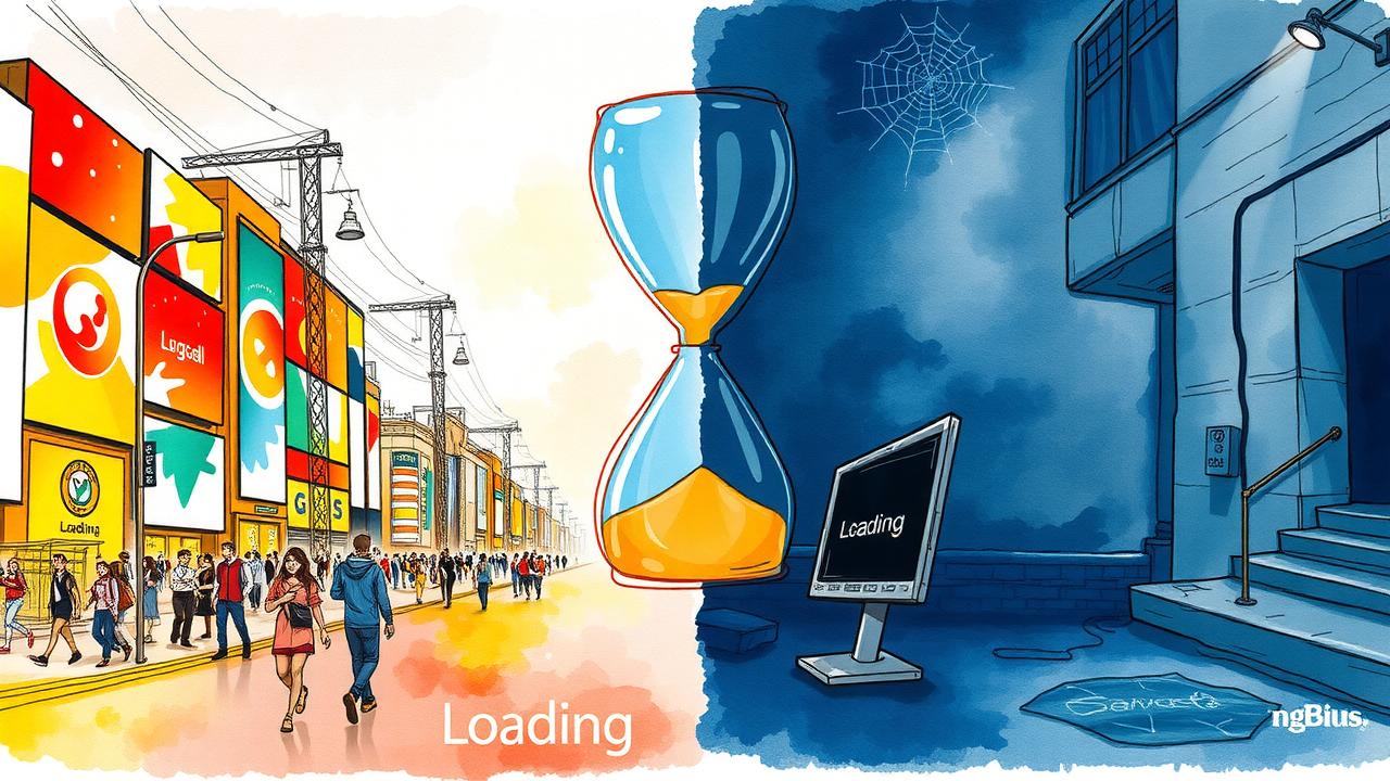 Split image shows a vibrant, busy street filled with people and colorful shops on the left, and a dark, empty alley with an old computer on the right. An hourglass and “Loading” appear in the center.