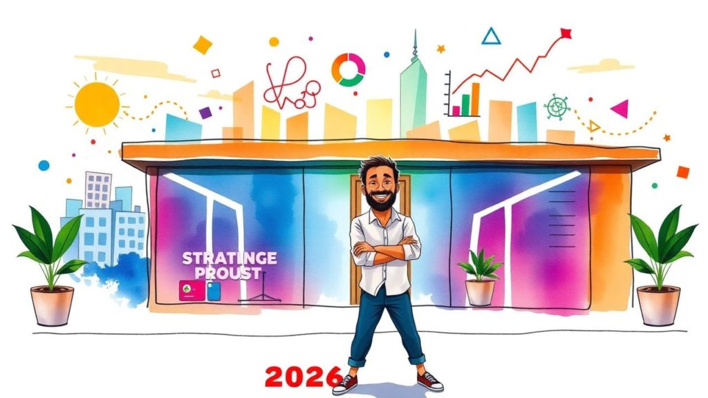 A man stands smiling with arms crossed in front of a modern building labeled "STRATINGE PROUST," with colorful cityscape and charts in the background. "2026" is shown at the bottom.
