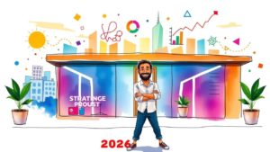 A man stands smiling with arms crossed in front of a modern building labeled "STRATINGE PROUST," with colorful cityscape and charts in the background. "2026" is shown at the bottom.