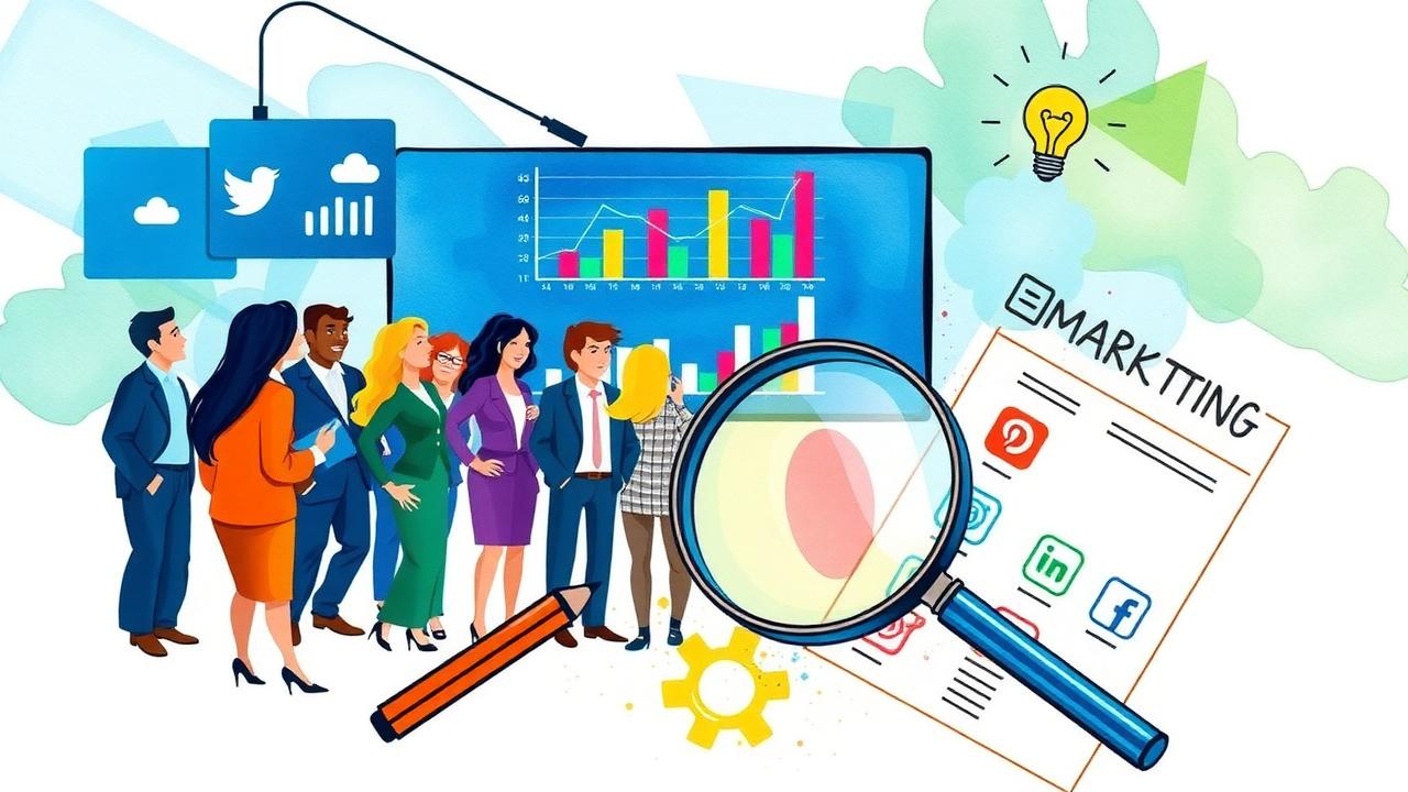 A group of businesspeople stand near charts, social media icons, a magnifying glass, and marketing materials, symbolizing analysis and planning in digital marketing.
