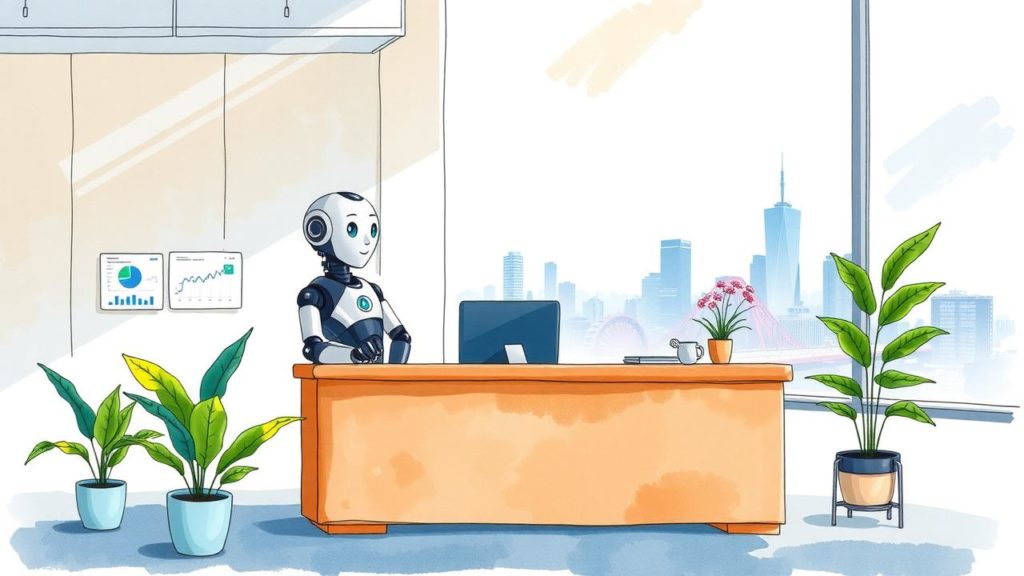 A humanoid robot sits at an office desk with a computer, surrounded by plants, charts on the wall, and a city skyline visible through the window.