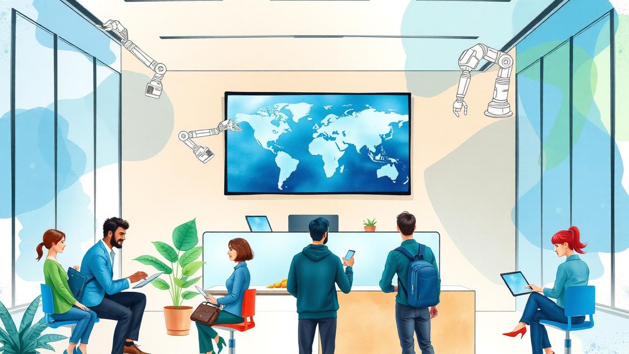 People interact with technology in a modern office lobby featuring robotic arms, digital devices, and a large world map display on the wall.