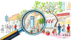 Illustration of a city street with shops and people; a magnifying glass highlights a caf&eacute; entrance and outdoor seating area.