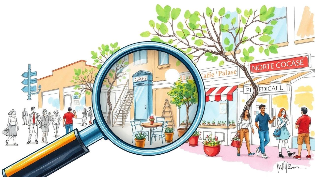 Illustration of a city street with shops and people; a magnifying glass highlights a caf&eacute; entrance and outdoor seating area.