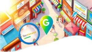 Illustration of a city street with shops, people walking, a large Google Maps location pin, and a magnifying glass highlighting a security rating.