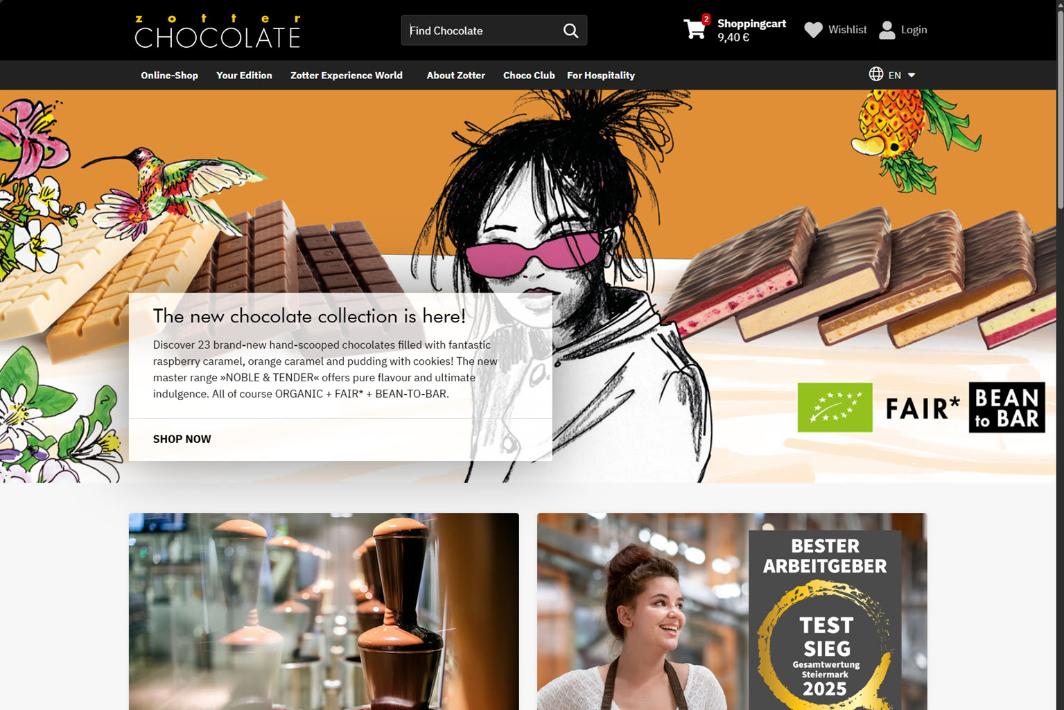 Homepage of Zotter Chocolate showing a banner with illustrated woman, chocolate bars, and announcement of a new chocolate collection. FAIR + BEAN TO BAR and award badges are visible.