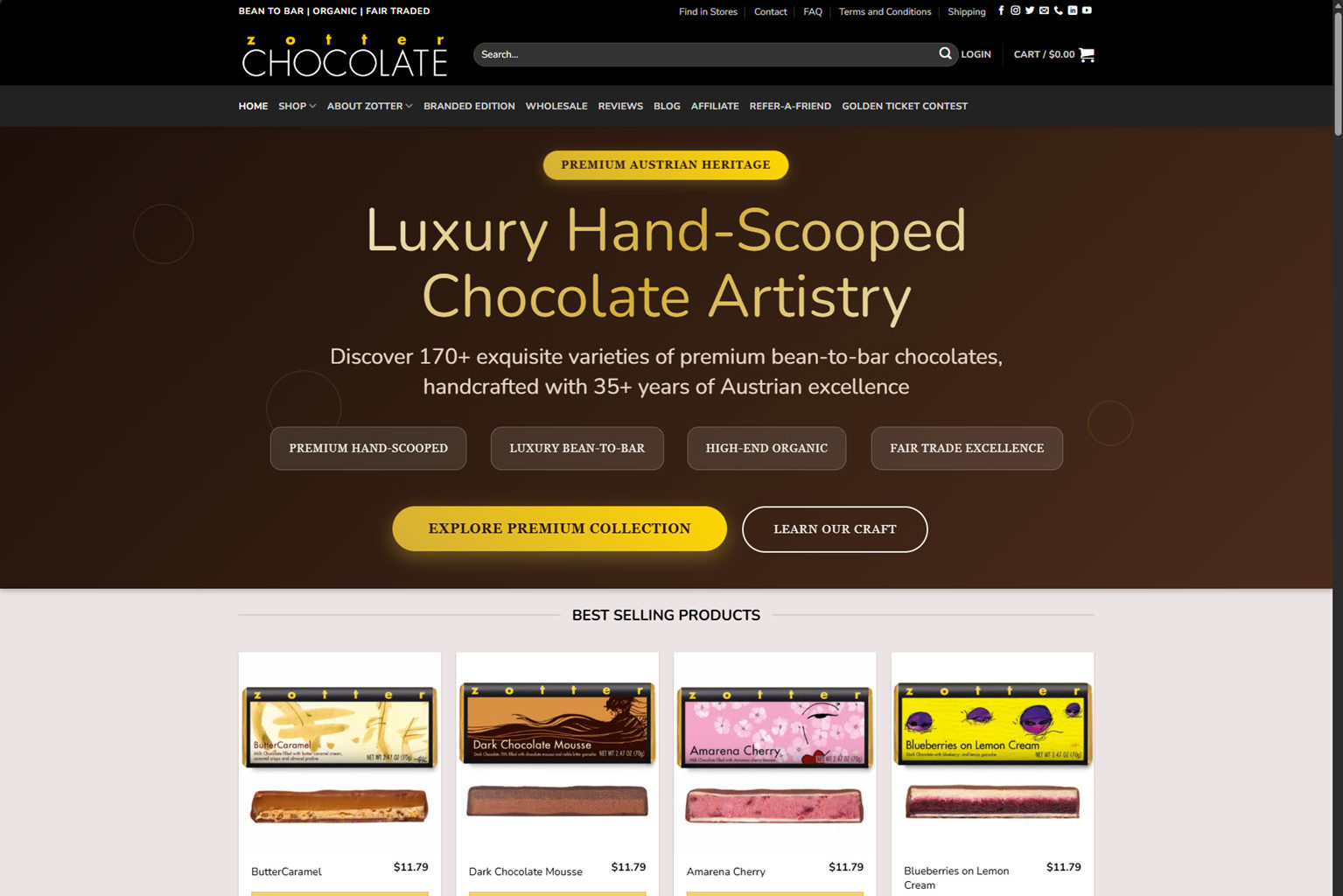 Screenshot of a chocolate shop website featuring luxury, hand-scooped chocolates, navigation menu, and images of best-selling chocolate bars with names and prices.